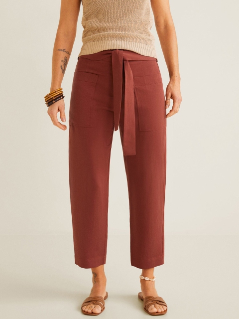 

MANGO Women Rust Brown Regular Fit Solid Cropped Trousers