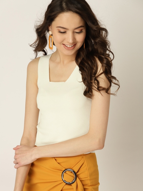 

MANGO Women Off-White Solid Fitted Top