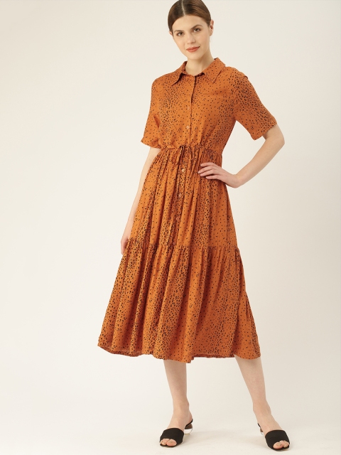 

MANGO Women Printed Rust Orange Fit and Flare Dress