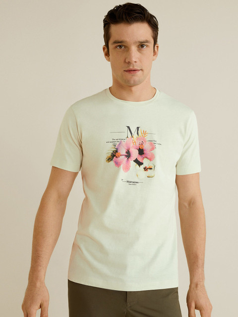 

MANGO MAN Green Printed Round Neck T-shirt