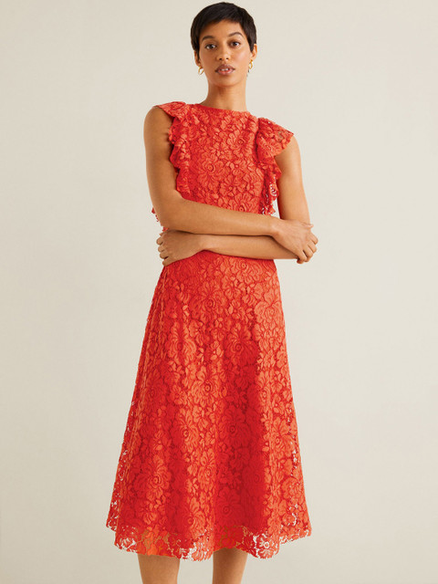 

MANGO Women Red Lace Midi A-Line Dress