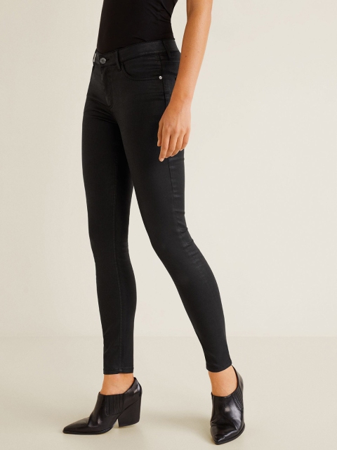 

MANGO Women Black Coated Skinny Fit Mid-Rise Clean Look Stretchable Jeans