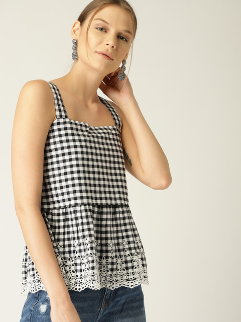 

MANGO Women Black & White Checked Layered A-Line Top