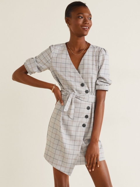 

MANGO Women Grey Checked Wrap Dress