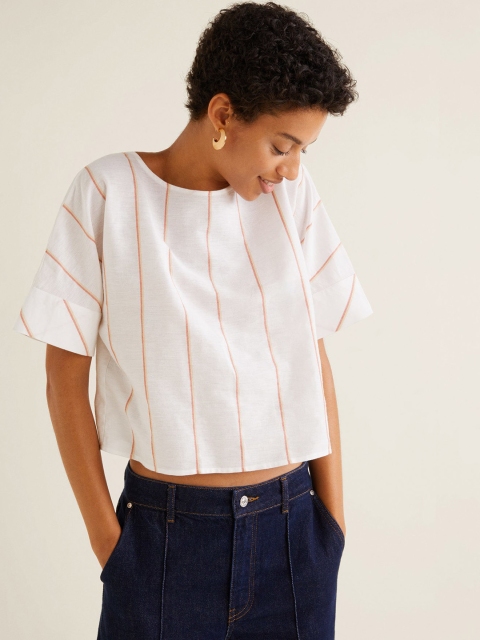 

MANGO Women White Striped Boxy Top