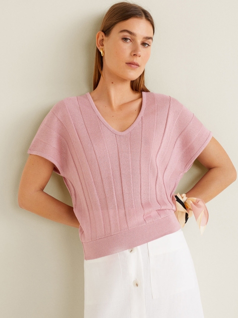 

MANGO Women Pink Semi Sheer Self Striped Top