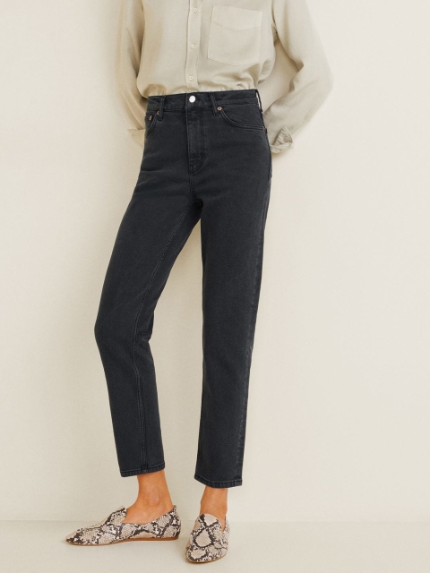 

MANGO Women Black Mom Fit Mid-Rise Clean Look Stretchable Cropped Jeans