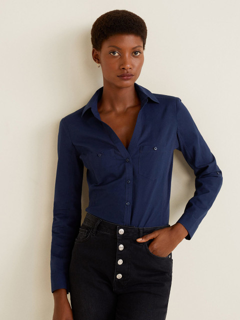 

MANGO Women Navy Blue Regular Fit Solid Casual Shirt