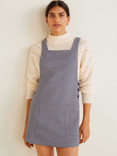 

MANGO Women Navy Blue & White Checked Pinafore Dress