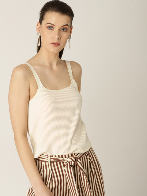 

MANGO Women Cream-Coloured Self-Striped Top