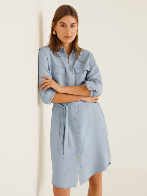 

MANGO Women Blue Solid Chambray Shirt Dress