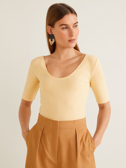 

MANGO Women Cream-Coloured Self Striped Fitted Top