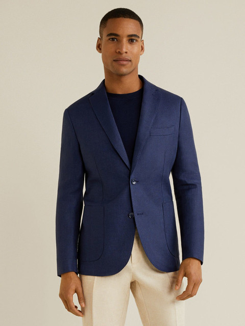 

MANGO MAN Navy Blue Solid Linen Slim Fit Single-Breasted Casual Blazer