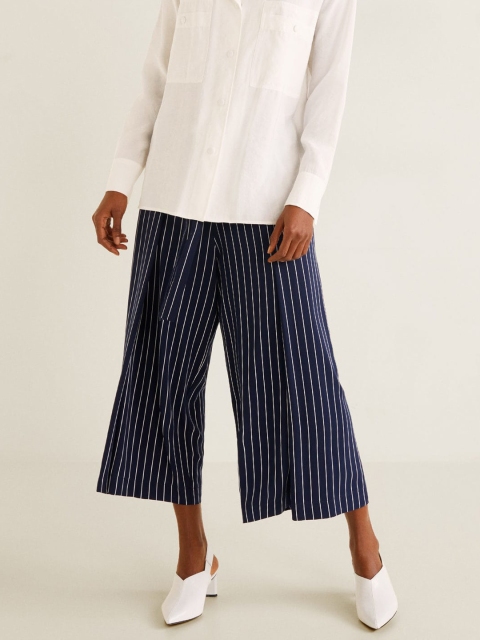 

MANGO Women Navy Blue & White Regular Fit Striped Culottes