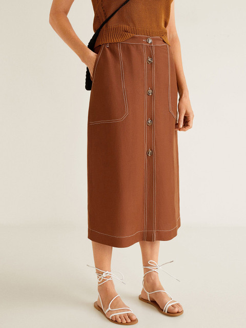 

MANGO Brown Solid Midi Straight Skirt