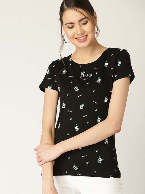 

MANGO Women Black & White Printed Round Neck T-shirt