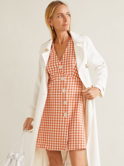 

MANGO Women Rust Orange & White Checked A-Line Dress