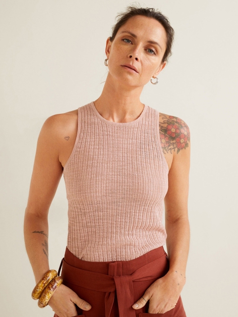 

MANGO Women Peach-Coloured Self-Striped Fitted Top