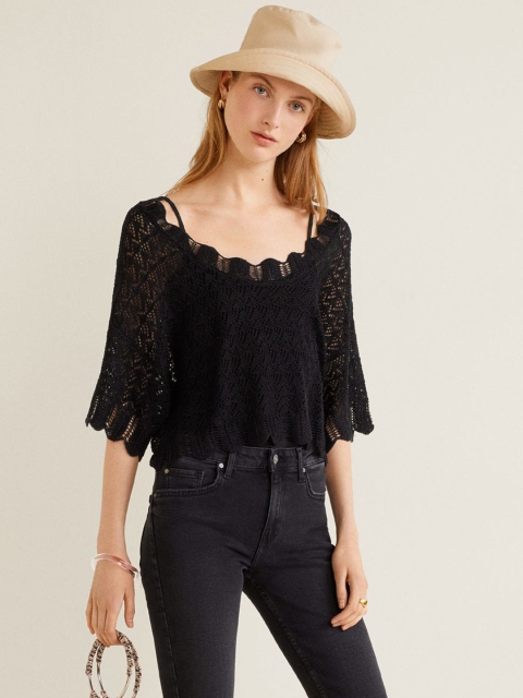 

MANGO Women Black Crochet Crop Boxy Top