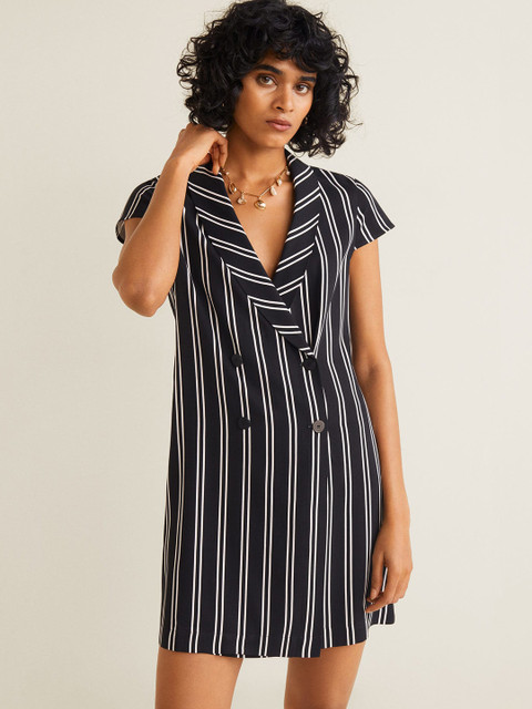 

MANGO Women Black & White Striped Wrap Dress