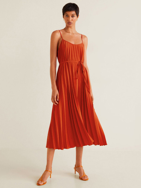 

MANGO Women Orange Solid Pleated A-Line Dress