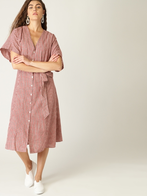 

MANGO Women Red & White Checked A-Line Dress