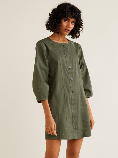 

MANGO Women Olive Green Solid A-Line Dress