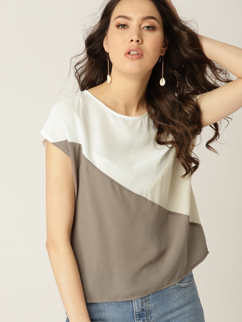 

MANGO Women White & Olive Green Colourblocked Top