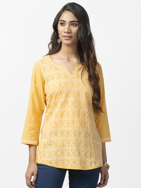 

Fabindia Women Yellow Embroidered Pure Cotton Kurti