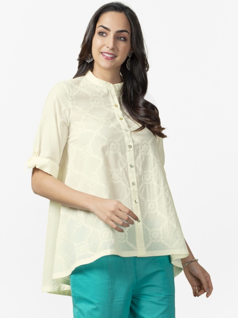 

Fabindia Women Cream-Coloured Floral Embroidered Semi-Sheer High-Low Top