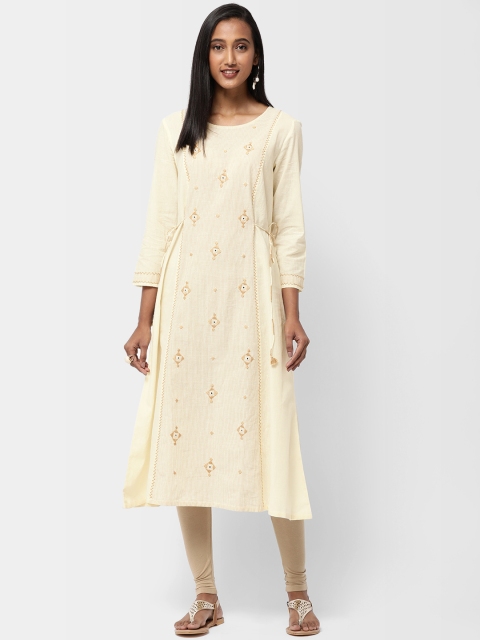

Fabindia Women Cream-Coloured & Beige Slim Fit Embroidered A-Line Kurta