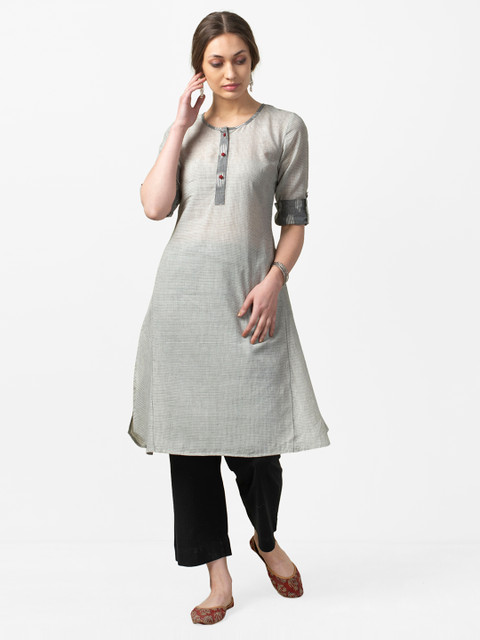

Fabindia Women Grey & Black Slim Fit Checked A-Line Kurta