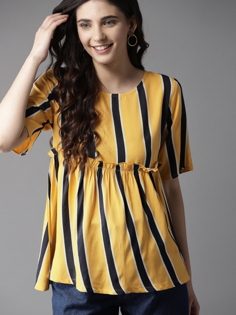 

HERE&NOW Women Yellow & Black Striped A-Line Top
