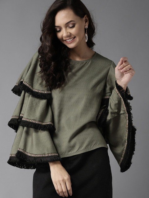 

HERE&NOW Women Olive Green Self Design Top