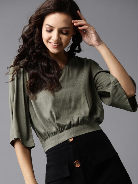 

HERE&NOW Women Olive Green Self Design Blouson Top