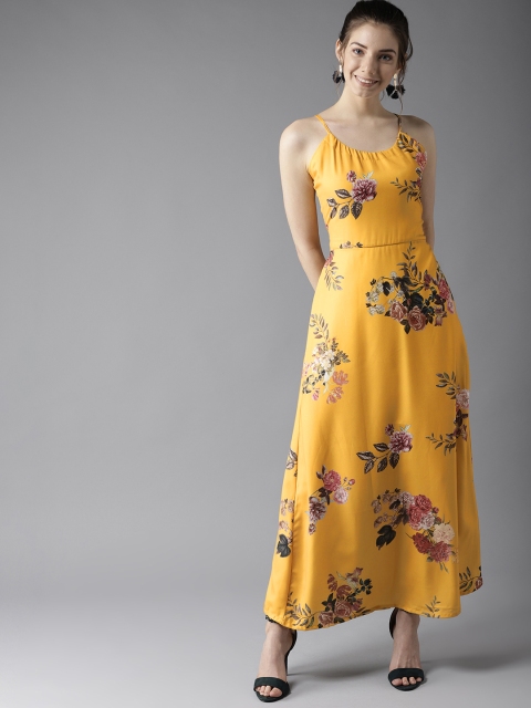

HERE&NOW Women Mustard Yellow & Peach-Coloured Printed Maxi Dress