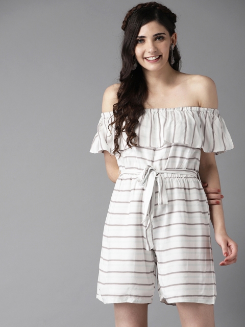 

HERE&NOW Women White & Grey Off-Sholuder Striped Playsuit