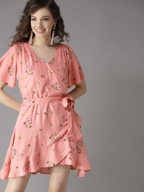 

HERE&NOW Women Peach-Coloured & Green Printed Wrap Dress, Pink