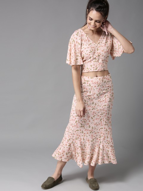 

HERE&NOW Women Peach-Coloured & Green Printed Two Piece Dress