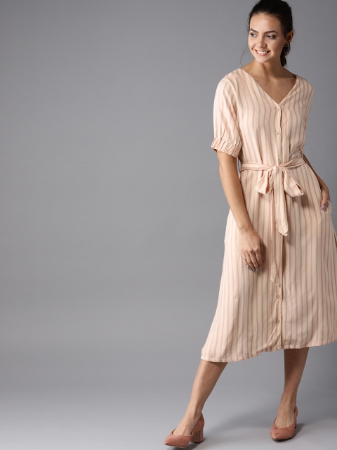 

HERE&NOW Women Beige & Pink Striped A-Line Dress