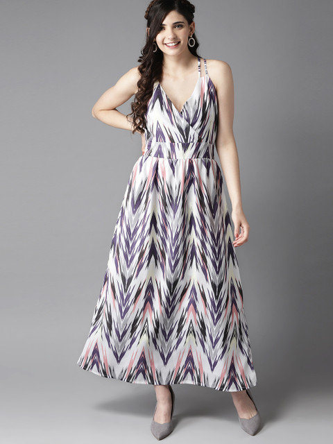 

HERE&NOW Women Off White & Purple Printed Maxi Dress