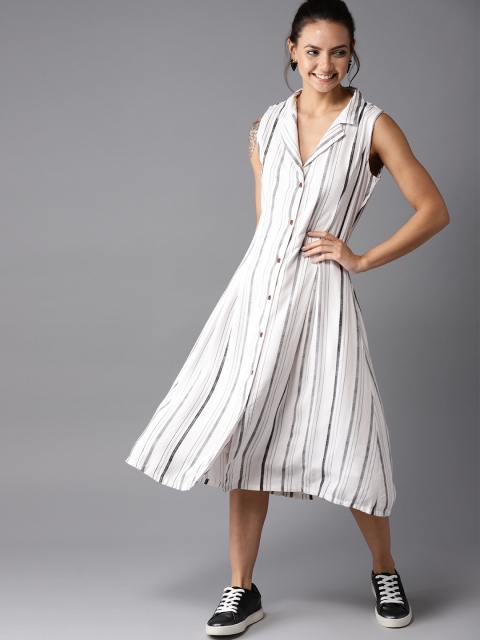 

HERE&NOW Women White & Black Striped Shirt Dress