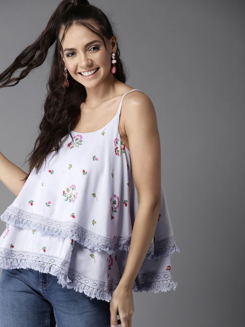 

HERE&NOW Women Blue Layered Printed A-Line Top