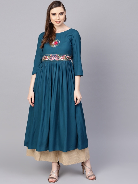 

AASI - HOUSE OF NAYO Women Teal Blue Embroidered Detail A-Line Kurta