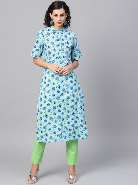 

AASI - HOUSE OF NAYO Women Blue & Green Printed Kurta with Trousers