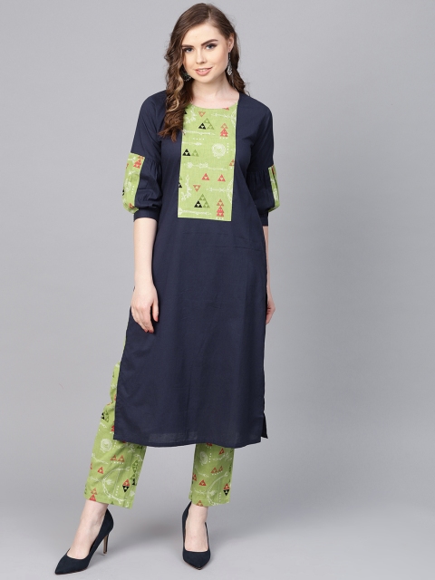 

AASI - HOUSE OF NAYO Women Navy Blue & Green Printed Kurta with Trousers