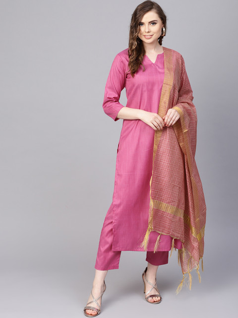 

AASI - HOUSE OF NAYO Women Pink & Golden Solid Kurta with Trousers & Dupatta
