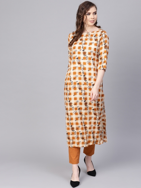 

AASI - HOUSE OF NAYO Women Brown & Cream-Coloured Checked Kurta with Trousers