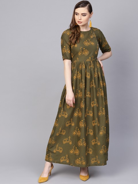 

AASI - HOUSE OF NAYO Women Olive Green Printed Maxi Dress