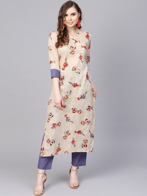 

AASI - HOUSE OF NAYO Women Cream-Coloured & Blue Printed Kurta with Trousers